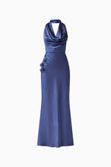 Florea Cowl Neck Gown in Navy with halter neck and 3D floral embroidery ghost shot