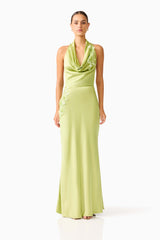 Florea Cowl Neck Gown in Pistachio Green with 3D floral embroidery front shot