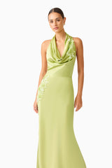 Florea Cowl Neck Gown in Pistachio Green with 3D floral embroidery close up shot