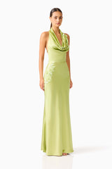 Florea Cowl Neck Gown in Pistachio Green with 3D floral embroidery side shot