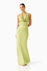 Florea Cowl Neck Gown in Pistachio Green with 3D floral embroidery and halter neck front shot