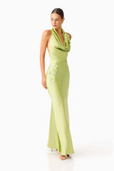 Florea Cowl Neck Gown in Pistachio Green with 3D floral embroidery and halter neck side shot