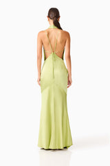 Florea Cowl Neck Gown in Pistachio Green with criss cross back shot