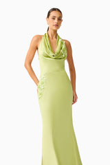 Florea Cowl Neck Gown in Pistachio Green with 3D floral embroidery and halter neck detail shot