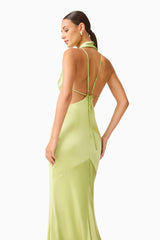 Florea Cowl Neck Gown in Pistachio Green with criss cross back and halter neck back side shot
