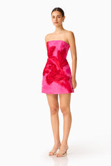 Florentia Textured Jacquard Mini Dress in Pink & Red with trim detailing & slim fit side shot
