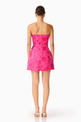 Florentia Textured Jacquard Mini Dress in Pink & Red with zipper back & back shirring front shot