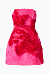 Florentia Textured Jacquard Mini Dress in Pink & Red with trim detailing & slim fit ghost shot