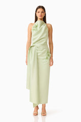 Florea Halter Gown in Pistachio Green with duchess satin and 3D floral embroidery front shot