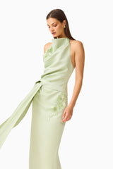 Florea Halter Gown in Pistachio Green with duchess satin and 3D floral embroidery close up shot