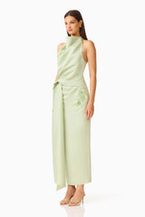 Florea Halter Gown in Pistachio Green with duchess satin and 3D floral embroidery side shot