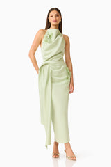 Florea Halter Gown in Pistachio Green with duchess satin and 3D floral embroidery posed shot