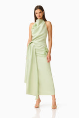 Florea Halter Gown in Pistachio Green with duchess satin and 3D floral embroidery posed shot