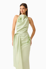Florea Halter Gown in Pistachio Green with duchess satin and halter neck detail shot