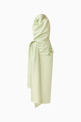 Florea Halter Gown in Pistachio Green with duchess satin and 3D floral embroidery ghost shot