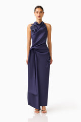 Florea Halter Gown in Navy with 3D floral embroidery front shot