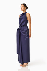 Florea Halter Gown in Navy with 3D floral embroidery side shot