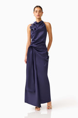 Florea Halter Gown in Navy with 3D floral embroidery posed shot
