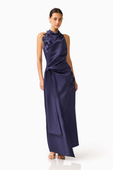 Florea Halter Gown in Navy with 3D floral embroidery posed shot
