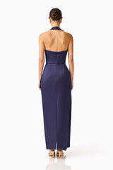 Florea Halter Gown in Navy with zipper back shot