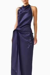 Florea Halter Gown in Navy with 3D floral embroidery detail shot