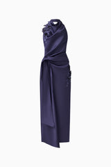 Florea Halter Gown in Navy with 3D floral embroidery ghost shot