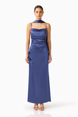 Florea Scarf Gown in Navy with spaghetti straps front shot
