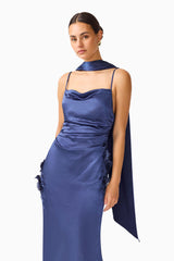 Florea Scarf Gown in Navy with spaghetti straps close up shot