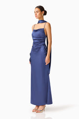Florea Scarf Gown in Navy with spaghetti straps side shot