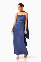 Florea Scarf Gown in Navy with spaghetti straps posed shot