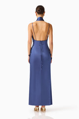 Florea Scarf Gown in Navy with spaghetti straps and tie back shot