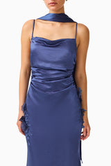 Florea Scarf Gown in Navy with spaghetti straps detail shot