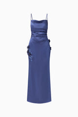 Florea Scarf Gown in Navy with spaghetti straps ghost shot