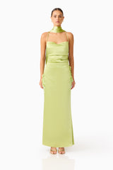 Florea Scarf Gown in Pistachio Green with spaghetti strap and scarf front shot