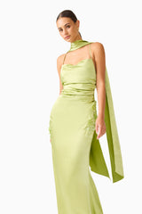 Florea Scarf Gown in Pistachio Green with spaghetti strap and scarf close up shot