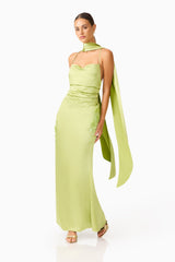 Florea Scarf Gown in Pistachio Green with spaghetti strap and scarf posed shot