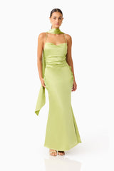 Florea Scarf Gown in Pistachio Green with spaghetti strap and scarf front shot