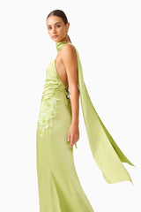 Florea Scarf Gown in Pistachio Green with 3D embroidery and scarf side shot