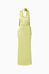 Florea Scarf Gown in Pistachio Green with spaghetti strap and scarf ghost shot