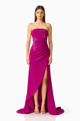 Dahlira Asymmetrical Gown in Orchid Pink with strapless neckline and slit front shot