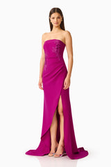 Dahlira Asymmetrical Gown in Orchid Pink with strapless neckline and slit side shot