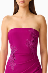 Dahlira Asymmetrical Gown in Orchid Pink with strapless neckline and 3d floral detail shot