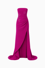 Dahlira Asymmetrical Gown in Orchid Pink with strapless neckline and slit ghost shot