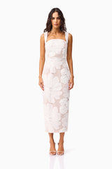 Brunette model wearing the Roxana Midi Dress in White front shot 