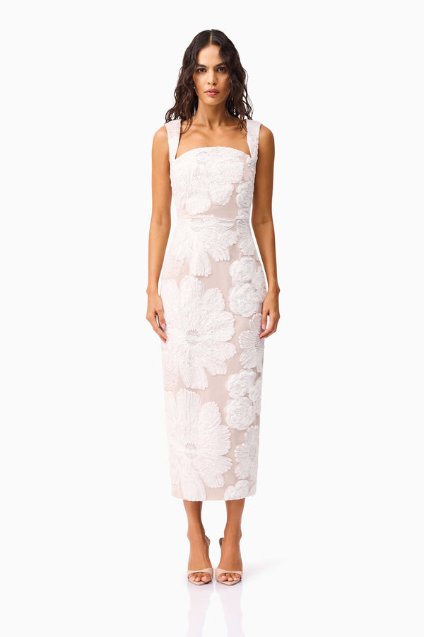 Brunette model wearing the Roxana Midi Dress in White front shot 