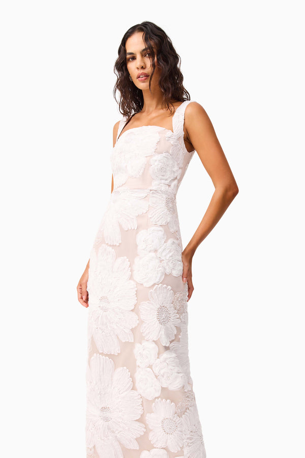 Brunette model wearing the Roxana Midi Dress in White close up shot 