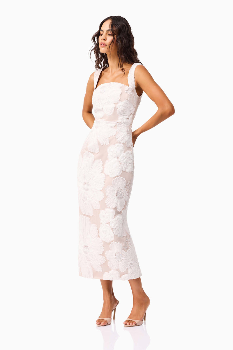 Brunette model wearing the Roxana Midi Dress in White posed shot 