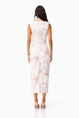 Brunette model wearing the Roxana Midi Dress in White back shot 