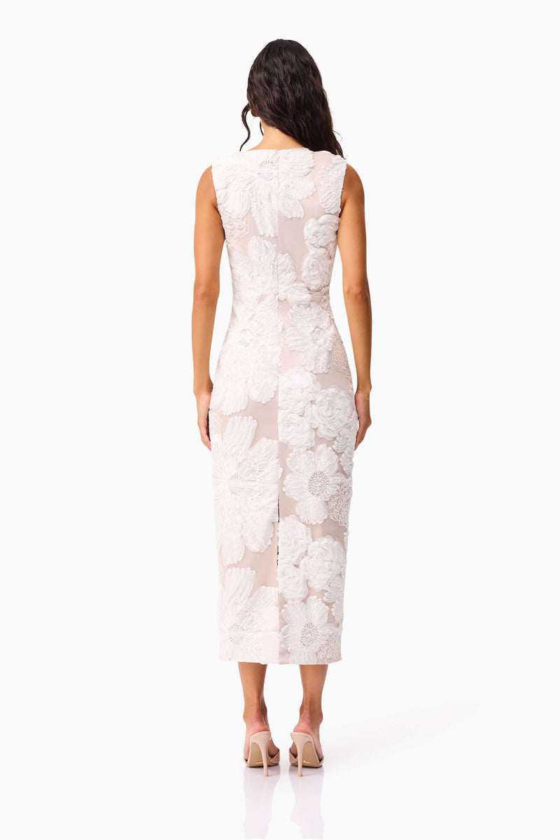 Brunette model wearing the Roxana Midi Dress in White back shot 