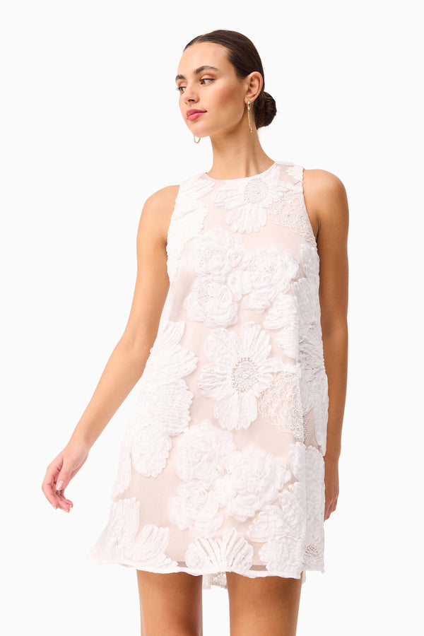 Brunette model wearing the Roxana Shift Mini Dress in White close up shot